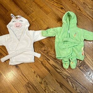 Pair of Baby Robes. Green Robe Comes With Slippers. Size 0-9 Months.